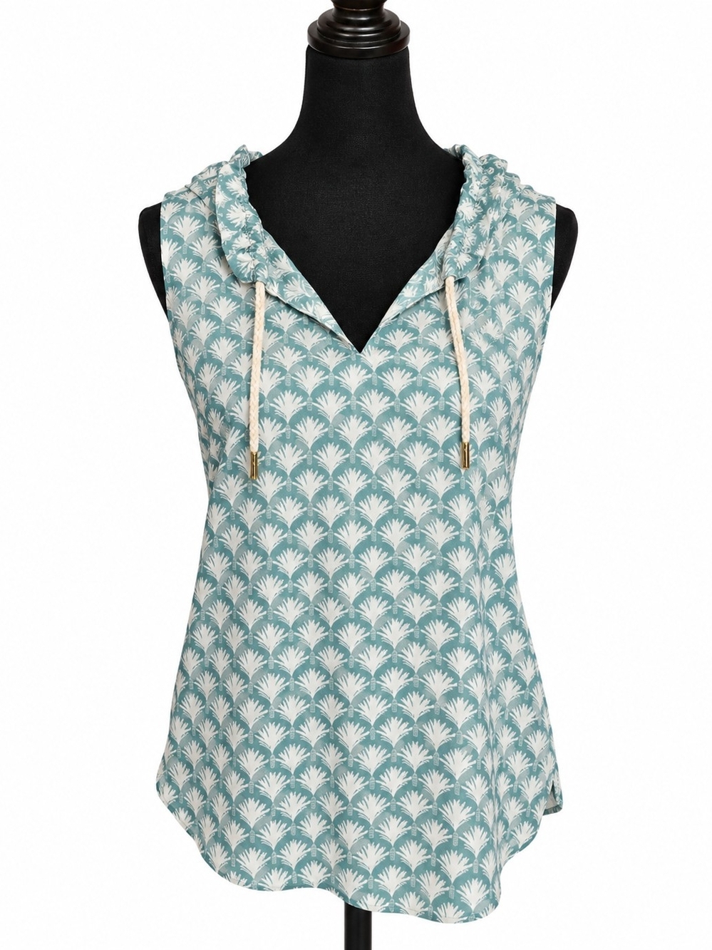 LC Lauren Conrad Sleeveless Hooded Tank in Teal and White Print